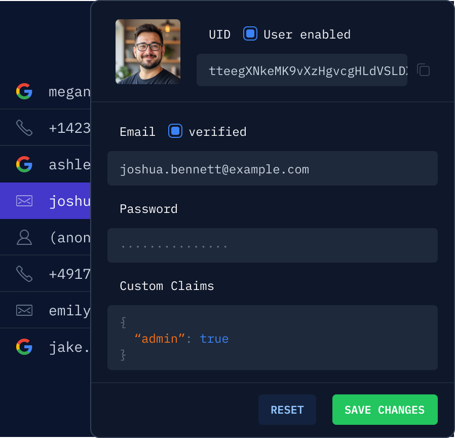 User Management interface showing Firebase Auth user details